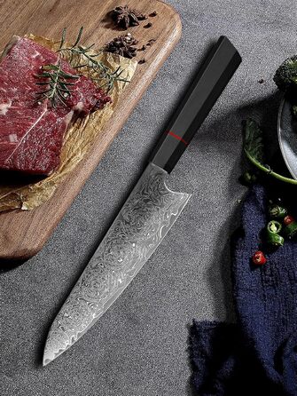 Японський ніж кухарський з дамаської сталі Plys: професійний ніж шеф-кухаря з чорним дерев'яним руків'ям