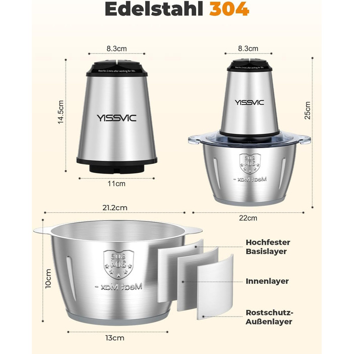 Електричний подрібнювач YISSVIC для кухні 500W, 2л, нержавіюча сталь, 8 лез, 2 швидкості для овочів, фруктів, м'яса