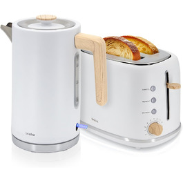 Тостер Briebe Nordic Set з широкими слотами та підставою для бургерів, 6 режимів підсмажування + Електричний чайник 1,7л, 2200W, BPA-free, Набір для сніданку, Скандинавський дизайн (Білий)