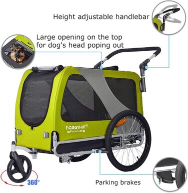 DOGGYHUT® Преміум XL 2-в-1 велопричіп та джоггер для собак 23-45 кг, причіп для велосипеда для собак, зелений лимон
