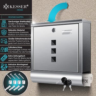 Поштова скринька KESSER® з газетницею та табличкою для імені, нержавіюча сталь, полірована, з оглядовим вікном, замок на 3 ключі, порошкове покриття, для настінного монтажу, велика, срібляста + матеріал для монтажу