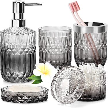 Набір аксесуарів для ванної кімнати зі скла, 5 шт. (мильниця, дозатор мила, стакан, тримач для зубних щіток, контейнер для ватних паличок), чорний
