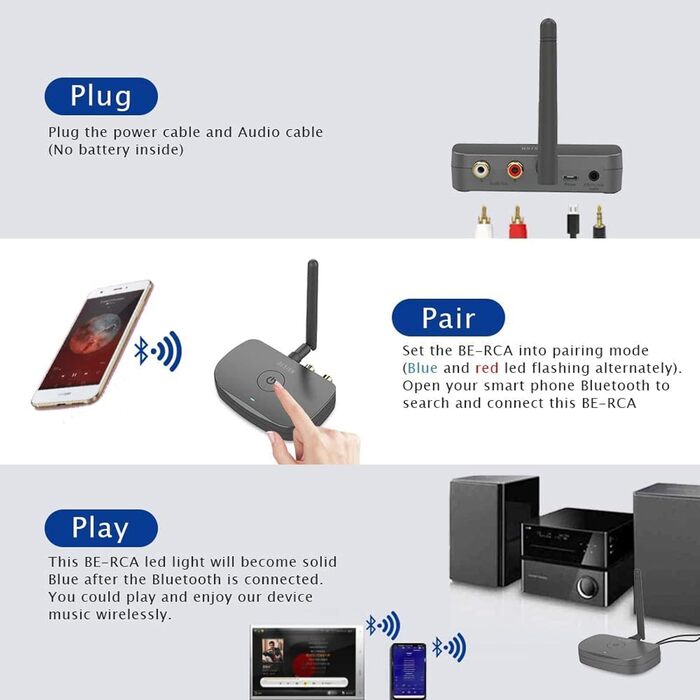 Bluetooth аудіоадаптер Besign Hohe Reichweite BE-RCA: для смартфонів, планшетів, аудіосистем та колонок. RCA, AUX