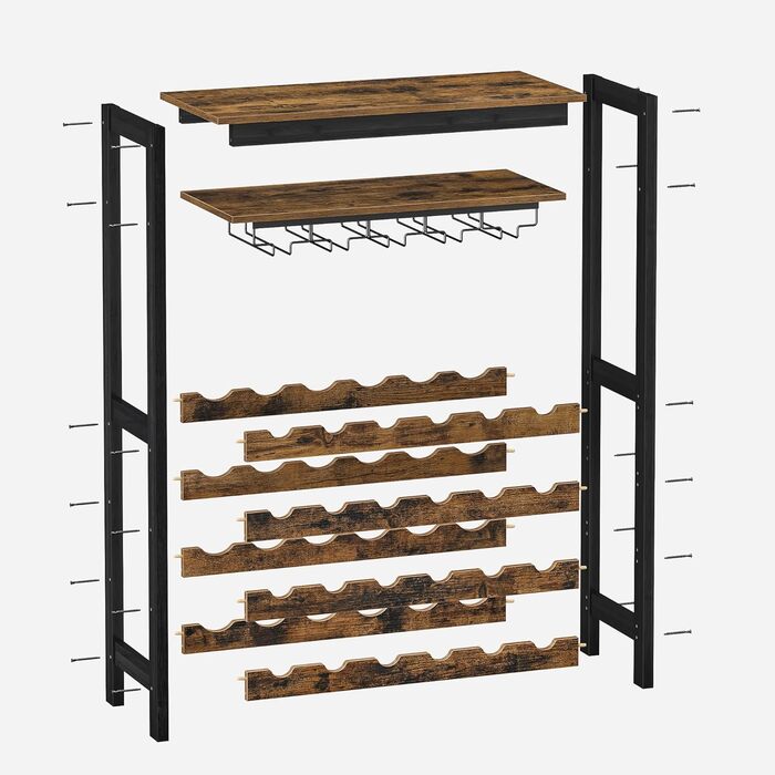 SONGMICS Wine Rack, for 24 Wine Bottles, Freestanding, Bottle Rack with Glass Holders, for Kitchen, Bar, Dining Room, vintage brown-black KWR028B01