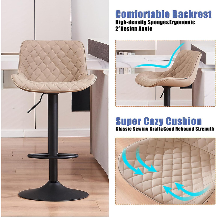 YOUNIKE Adjustable Bar Stools 2-Pack - Modern Kitchen Barstools with PU Leather Upholstery, Swivel Metal Bar Chairs for Counter/Island - Khaki Net Khaki