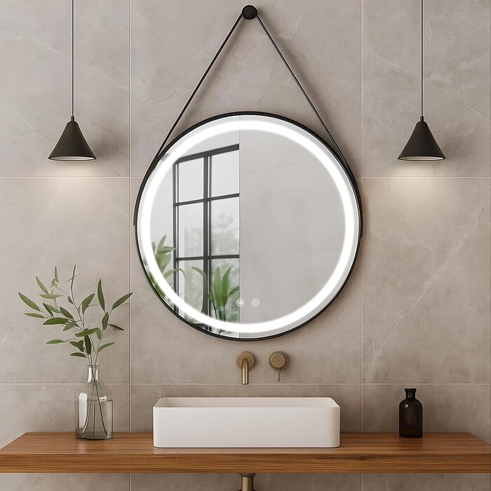LED дзеркало для ванної кімнати з підсвічуванням, кругле, регульоване, 3 кольори світла (3500K-6500K), сенсорне керування, запобігання запотіванню, для макіяжу та гоління (діаметр 70 см)