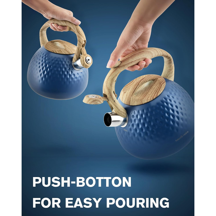 Чайник для заварювання Teekessel 2,7 л з емальованим покриттям, зелений, з імітацією дерева, з носиком, з нержавіючої сталі, антижаростійка ручка, оливковий/темно-синій