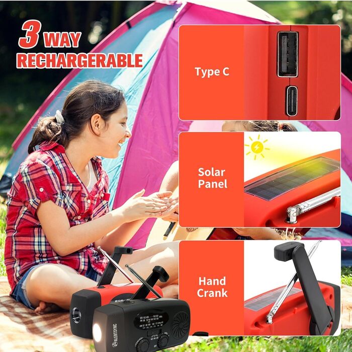 Радіо NOAA iRonsnow 5000 mAh: радіо для надзвичайних ситуацій, FM/AM, з ручним заводом, сонячне, з SOS, ліхтарик 1W LED, зарядка для телефону, чорне