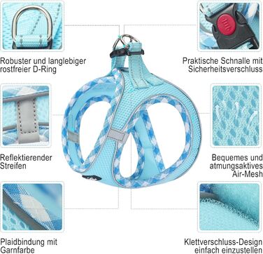 Нашийник та поводок для собак Haapaw, без натягу, регульований, світловідбиваючий, Step-in, для цуценят та маленьких собак, з м'якою підкладкою, блакитний, розмір M (обхват грудей 38.1-45.7 см, вага 4.5-6.8 кг)