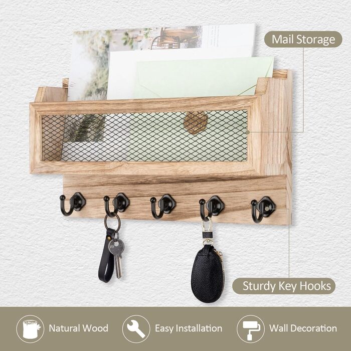 Brief and key holder for wall decoration, 27.9 cm (11 inches) wooden wall key organizer with 5 key hooks, wall mount, storage shelf for entryway, hallway (white) (wood)