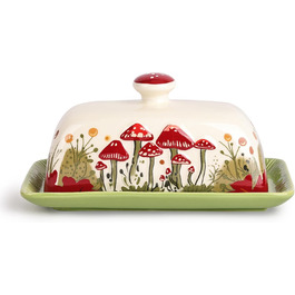 Fun Mushroom Butter Dish with Lid for Countertop - Ceramic, Red Mushroom Butter Container, Butter Tray, Large Butter Dish (White, Standard)