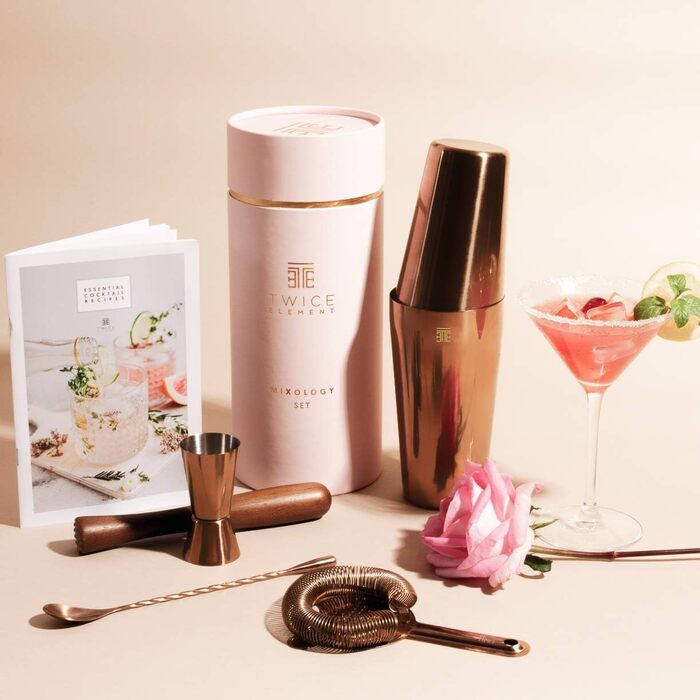 Cocktail Shaker Set - Stainless Steel Shaker in Boston Style | Rich Accessories for Easiest Handling | Bonus Recipe Book, Elegant Gift Box & Storage Bag (Pink)