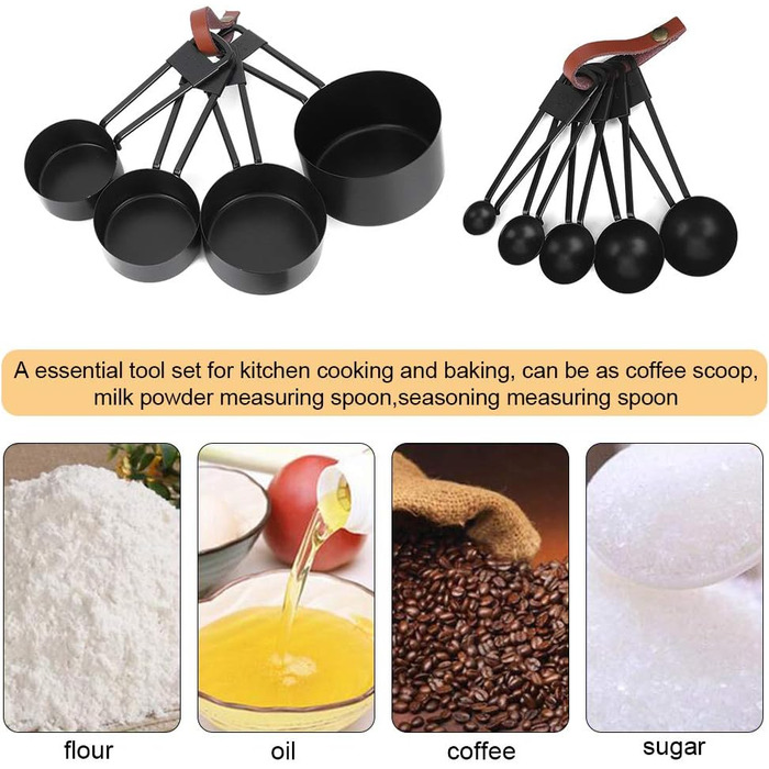 9-Piece Black Measuring Cup Set, Coffee Spoon with Scale for Kitchen and Cooking Utensils, Measuring Cups, Measuring Spoons, and Measuring Cups. Measuring Cups, Measuring Cups (black)