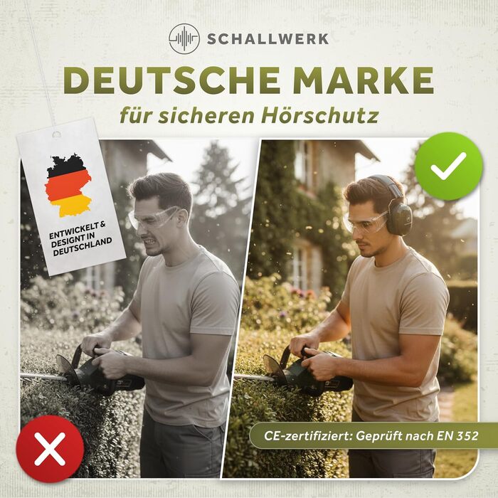 Schallwerk Work+ | Захист слуху для роботи – наголовники з регульованим розміром, високоякісні навушники для шумозаглушення – капелюхоподібні навушники для роботи та повсякденного використання (оливковий)