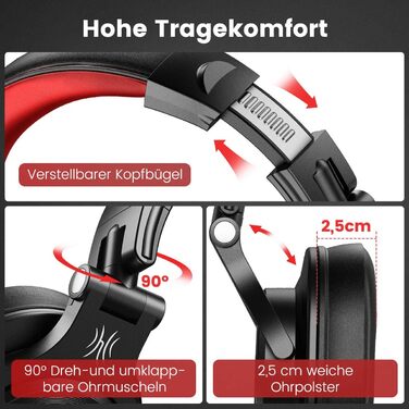OneOdio A71: Професійні навушники Over-Ear для DJ та студійної роботи, з кабелем, Share Port, червоний