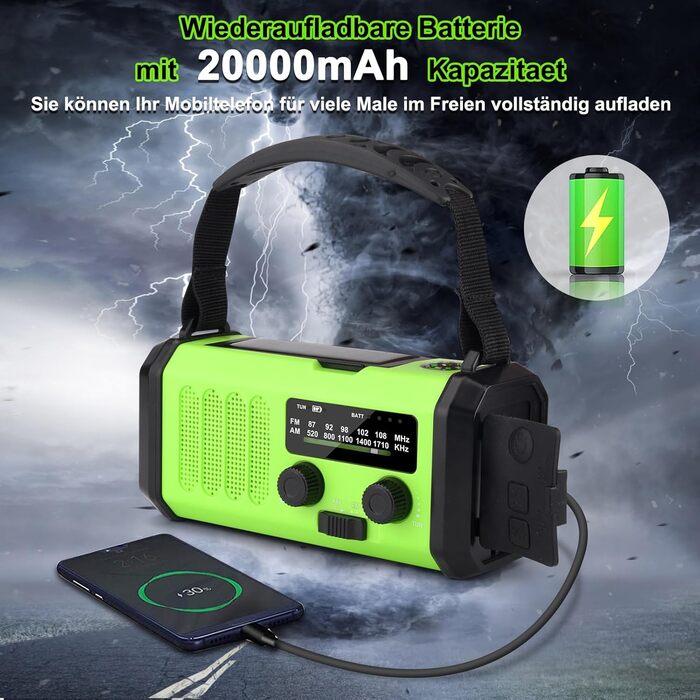 Портативна радіостанція з сонячною панеллю та живленням 20000 mAh, AM/FM, LED ліхтарик, SOS, динамо-генератор, USB, для активного відпочинку