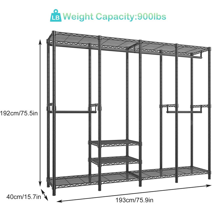 KZOBYD Clothes Rack, Coat Rack with 6 Height-Adjustable Shelves, Clothes Rail with 4 Hanging Compartments, Plenty of Space, for Bedroom, Living Room (Black)