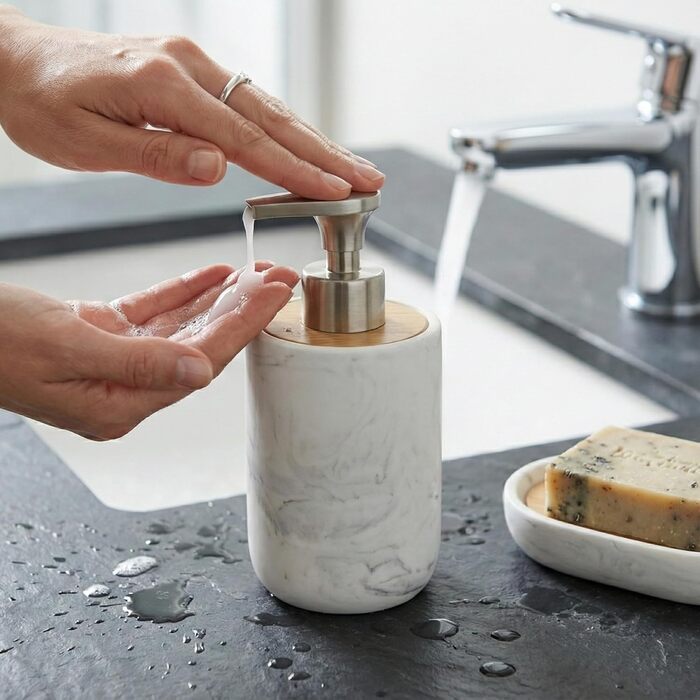 Набір для ванної кімнати 4 предмети з піддоном - мильничка, дозатор для мила (цинковий сплав), стакан для зубних щіток, поличка - мармуровий дизайн, бамбук - сучасний органайзер (Набір 3 Marble)