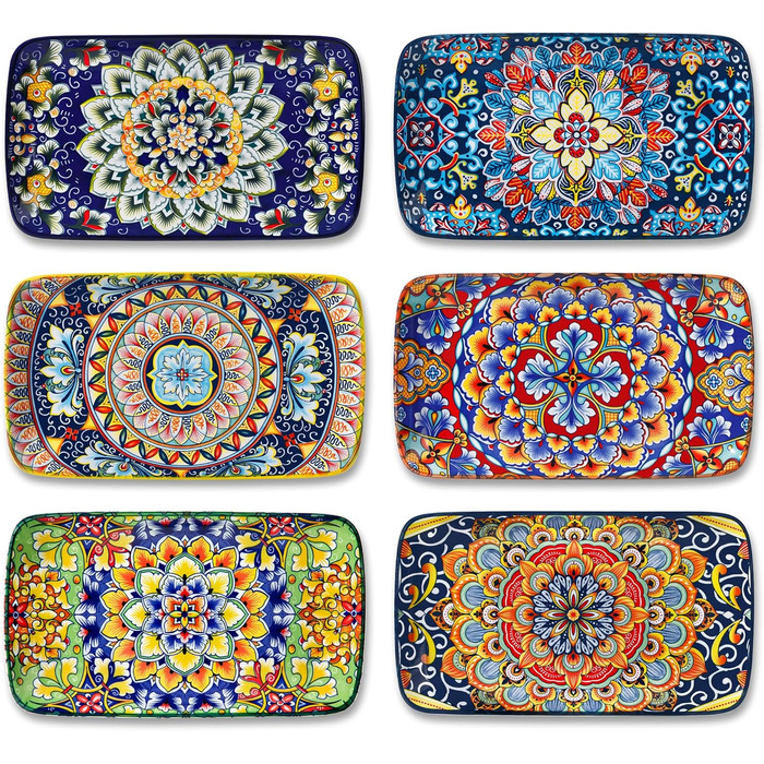 Vancasso Serving Plates, Porcelain, SIMI Rectangular Plate Set, 6-Piece Bohemian Dinner Plates, Dessert Plates for 6 People, 24.7 x 14.2 x H 3.1cm