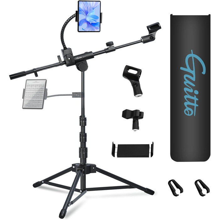Підставка для мікрофона GUITTO з двома тримачами для смартфона/планшета, регульований кріплення, важка основа, для стрімінгу, подкастів, запису та живих виступів (GMS-04)