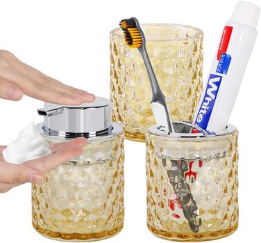 Pink bathroom accessory set made of glass, including a toothbrush holder, soap dispenser, and cup, foaming soap dispenser and toothbrush holder, 3 pink bathroom cups for brush, toothpaste (amber and silver).