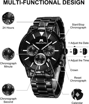 Чоловічий годинник MEGALITH з нержавіючої сталі, хронограф, велике циферблат, водостійкий, з датою, для роботи та відпочинку. Стильний подарунок для чоловіків (8345 Чорний)