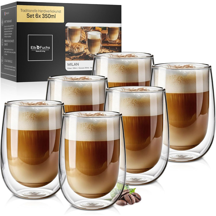 Склянки для лате макіато з подвійними стінками [4x EXTRA великі] | 6 шт. | 350 мл | Для кави, чаю, капучино | 03 Milan