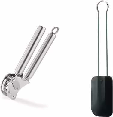 RÖSLE Ginger and Garlic Press in Professional Quality, with Folding Strainer, Stainless Steel 18/10, Dishwasher Safe (Garlic Press with Scraper, Bundle with Dough Scraper)