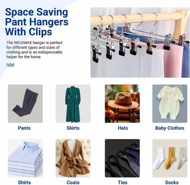Metal Trouser Hangers, Clothes Hangers with Adjustable Clips, Anti-Slip Trouser Hangers, Strong Chrome Hangers for Trousers, Skirts, Socks, Underwear, 12 Pack