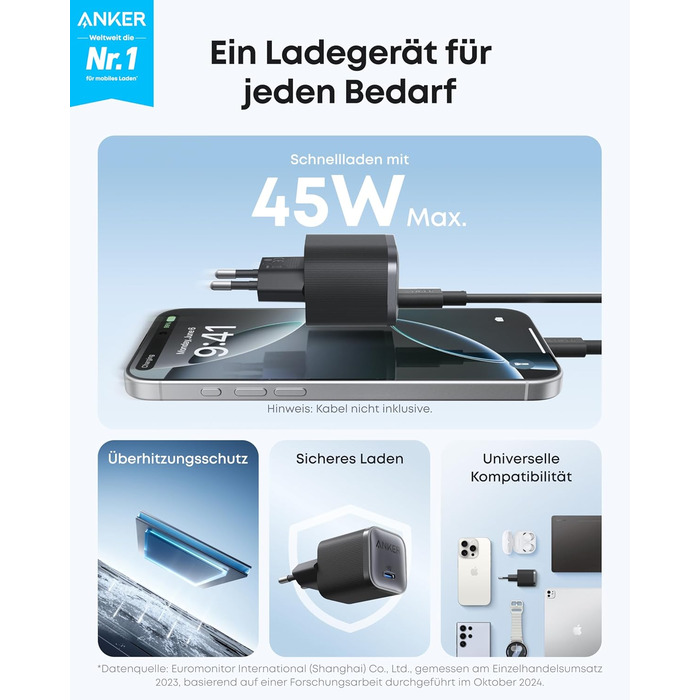 Anker Nano 45W USB-C Зарядний пристрій: Компактний мережевий адаптер для швидкої зарядки iPhone 17/Pro/Max, MacBook, Pixel, iPad, Samsung Galaxy (з кабелем 1.8м, чорний)