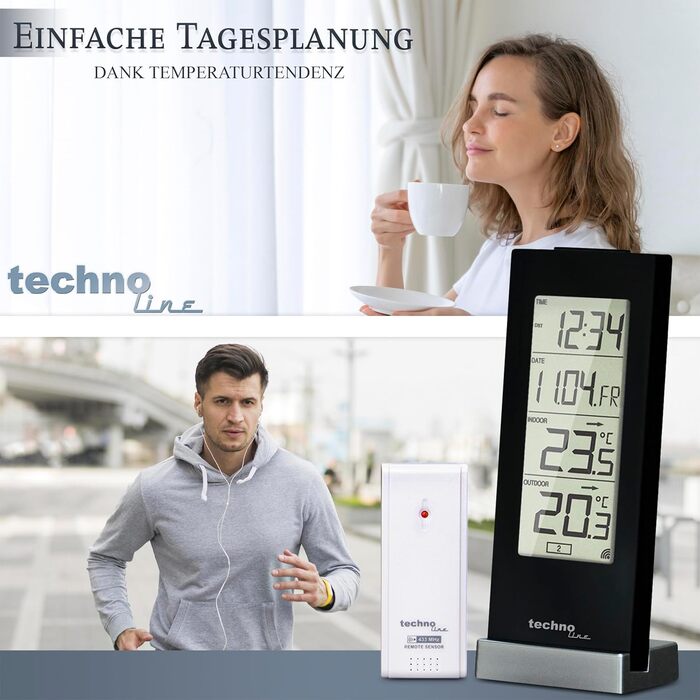 Цифрова метеостанція Techno Line WS9767 з зовнішнім датчиком: годинник з радіоуправлінням, термометр внутрішній/зовнішній, пам'ять Min/Max, будильник, відстрочка сну - чорний колір