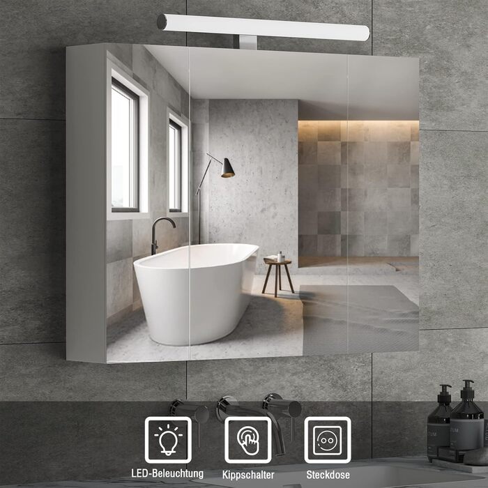 Дзеркальна шафка для ванної кімнати Dictac з LED-підсвічуванням, розеткою та вимикачем світла 70x15x60 см (ШxГxВ). Шафка з трьома дверцятами, шафка-дзеркало для ванної, навісна шафка, дзеркало для ванної кімнати, білий колір.