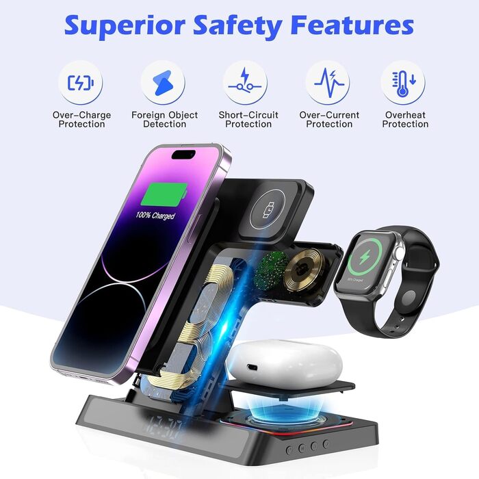 База зарядки 4-в-1 для iPhone та Apple Watch: бездротова зарядка 15W, складна, індуктивна, сумісна з iPhone 16/15/14/13/12/11 Pro SE X XS XR та Apple Watch 9/8/7/6/SE/5/4/3/2, AirPods Pro