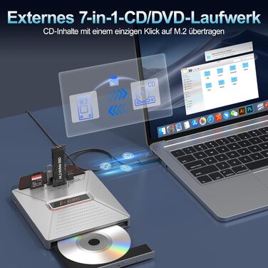 Зовнішній DVD-привід Alxum USB-C 3.0 з картридером SD/TF та додатковим USB-портом для ноутбука, DVD/CD запис та читання, Plug & Play, сірий