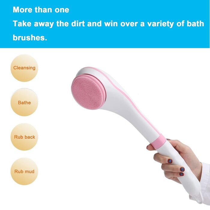Electric Body Scrub Brush with USB Charger, 6 Speed Adjustable Body Brush Set Shower Brush Back Scrubber Multifunction Long Handle Massager, Long Handle for (Pink)