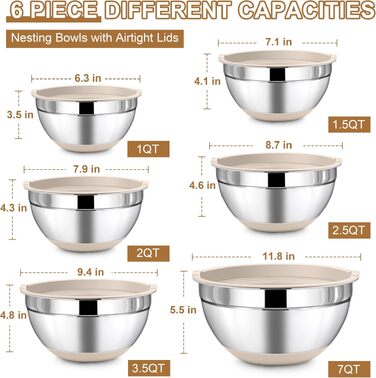 Набір місткостей для змішування LIANYU з герметичними кришками, stainless steel, 6 шт., для кухні та випічки (Khaki), об'ємом від 0.9 до 6.6 л