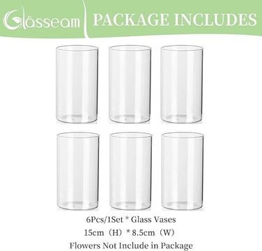 Скляна циліндрична ваза Glasseam, прозора, 10x8,5 см, сучасна міні-ваза для квітів і декору столу, підсвічник, для вітальні та весільного оформлення, набір 6 шт. (15 см)
