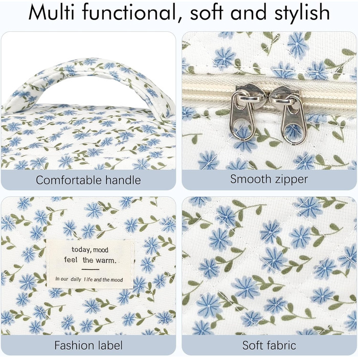 Набір косметичок для жінок: 3 шт. (великі та маленькі) - косметичка, сумочка для макіяжу, органайзер для подорожей (блакитний з квітами)