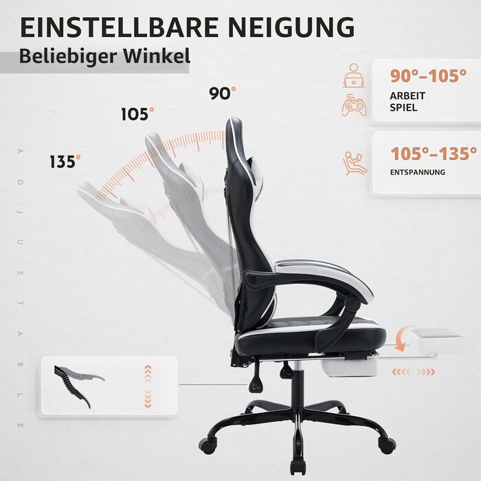 Ігрове крісло Gaming Chair з підставкою для ніг та ергономічною підтримкою попереку, регульована спинка 90-135°, офісний стілець (Blackwhite)