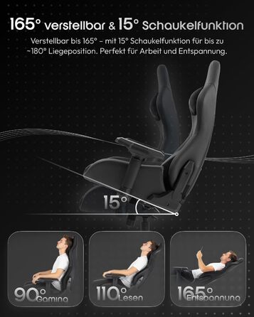 Ігровий крісло Dowinx з 4D підлокітниками, функцією гойдання 15° та регулюванням спинки до 165°, масажний, ергономічний, дизайн у стилі гоночного авто, до 135 кг, чорний