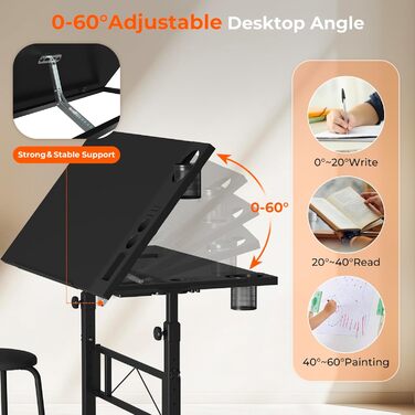 Adjustable Drafting Table with Tilting Surface (0-60°) - Height Adjustable Art Table with Stool and Storage for Home & Office - Black Wood Finish