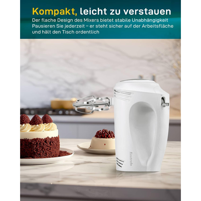 Ручний міксер 350 Вт, 5 швидкостей, з нержавіючої сталі (віночок та гак), ергономічна ручка, довгий кабель, BPA-free – білий KS1 S1