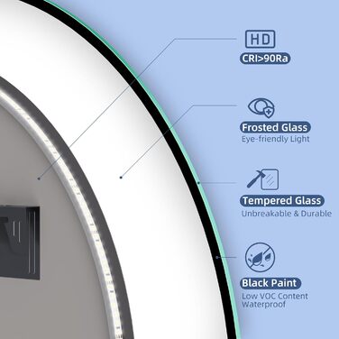 Дзеркало для ванної кімнати STARLEAD з LED-підсвічуванням 90x60 см, Bluetooth, регулювання яскравості, 3 кольори світла, протитуманне покриття, функція пам'яті, HD скло, IP44, горизонтальне/вертикальне, без рамки