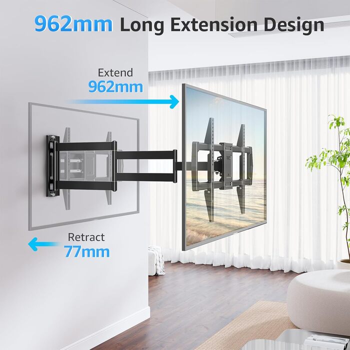 Кріплення для телевізора MOUNTUP 962mm з подовженою ручкою для телевізорів 42-75 дюймів (до 45 кг), поворотне та нахильне, VESA 600x400mm, EU0047-L