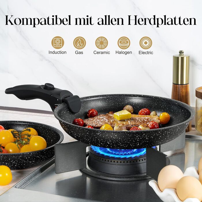 Набір сковорідок Michelangelo 4 шт. (20/24/28 см) знімний ручка, для індукції, антипригарне покриття мармур, до 240°C, чорний