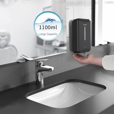 AIKE Automatic Stainless Steel Soap Dispenser - 1100ml Commercial Wall Mount with Window - AK1206 Brushed (Matte Black)