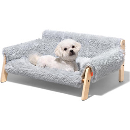 MEWOOFUN Elevated Cat Bed Sofa made of Wood, Sturdy Large Cat Sofa – Fashionable Cat Stool with Removable Mattress Cover, Supports up to 10 kg (70x53cm, Grey)