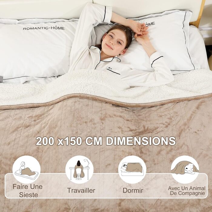 Електрична ковдра COZYTY 150x200 см з таймером та захистом від перегріву, фланель, 6 режимів нагріву, машинне прання (Бежева)