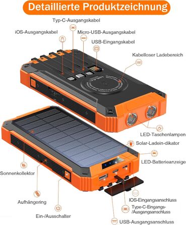 Power Bank Solar GOODaaa 26800mAh з 6 виходами, 4 входами, 15W, для мобільних пристроїв, з ліхтариком та карабіном (Оранжевий)