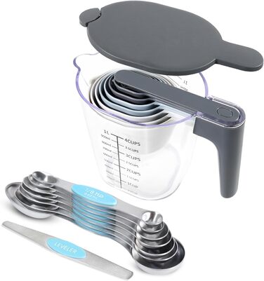 Recogwood 18-Piece Measuring Cup and Spoon Set, includes 10 stackable measuring cups with lids and 8 magnetic measuring spoon set for liquids and dry ingredients, BPA-free (blue)